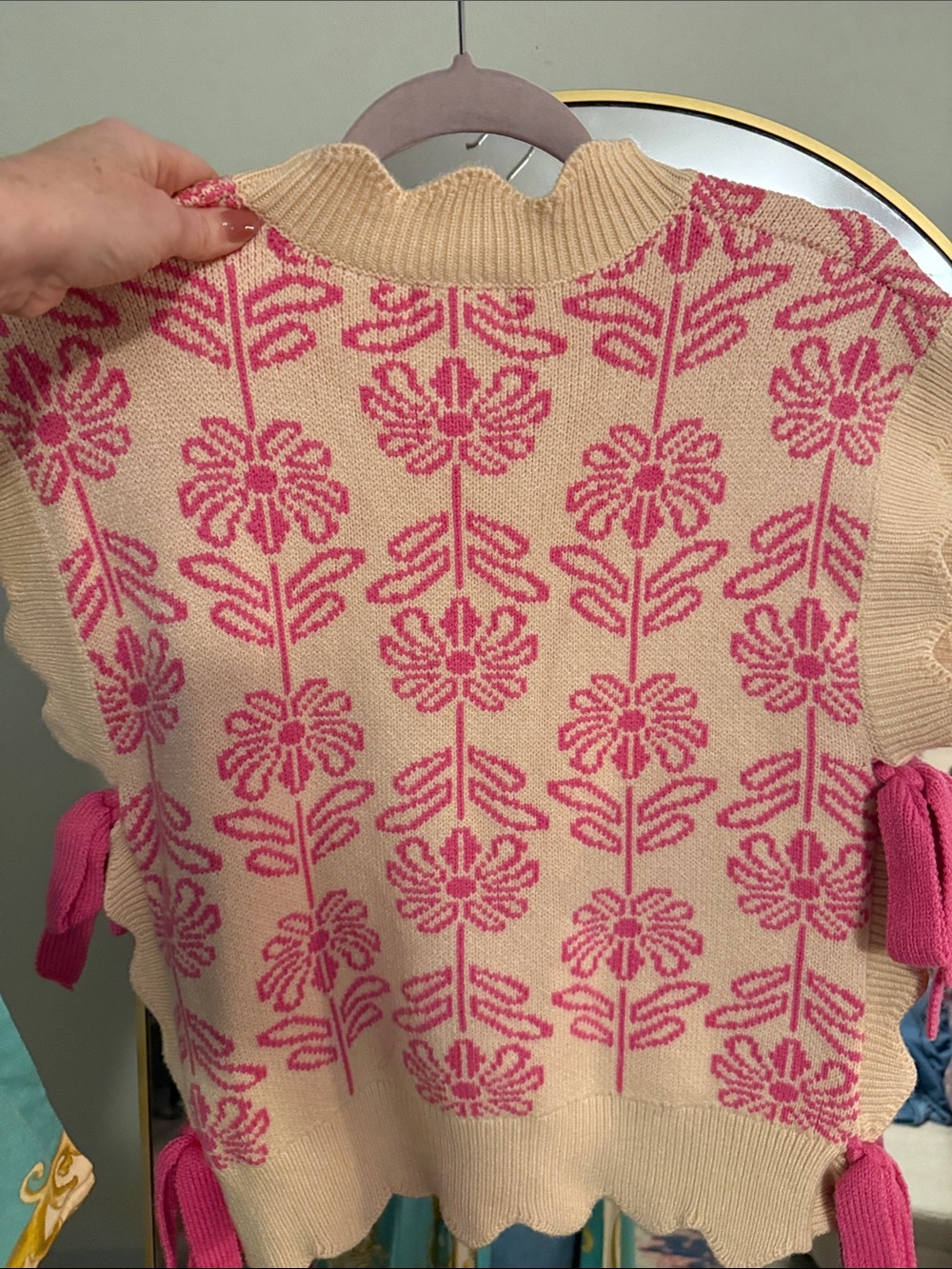 Floral Knit Crewneck Sweater Vest in Cream and Pink - Picture 6 of 7